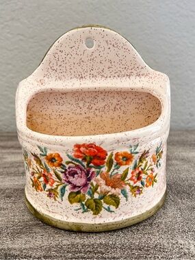 Vintage Ceramic wall Pocket Vase Original California Pottery Cross Stitch Print